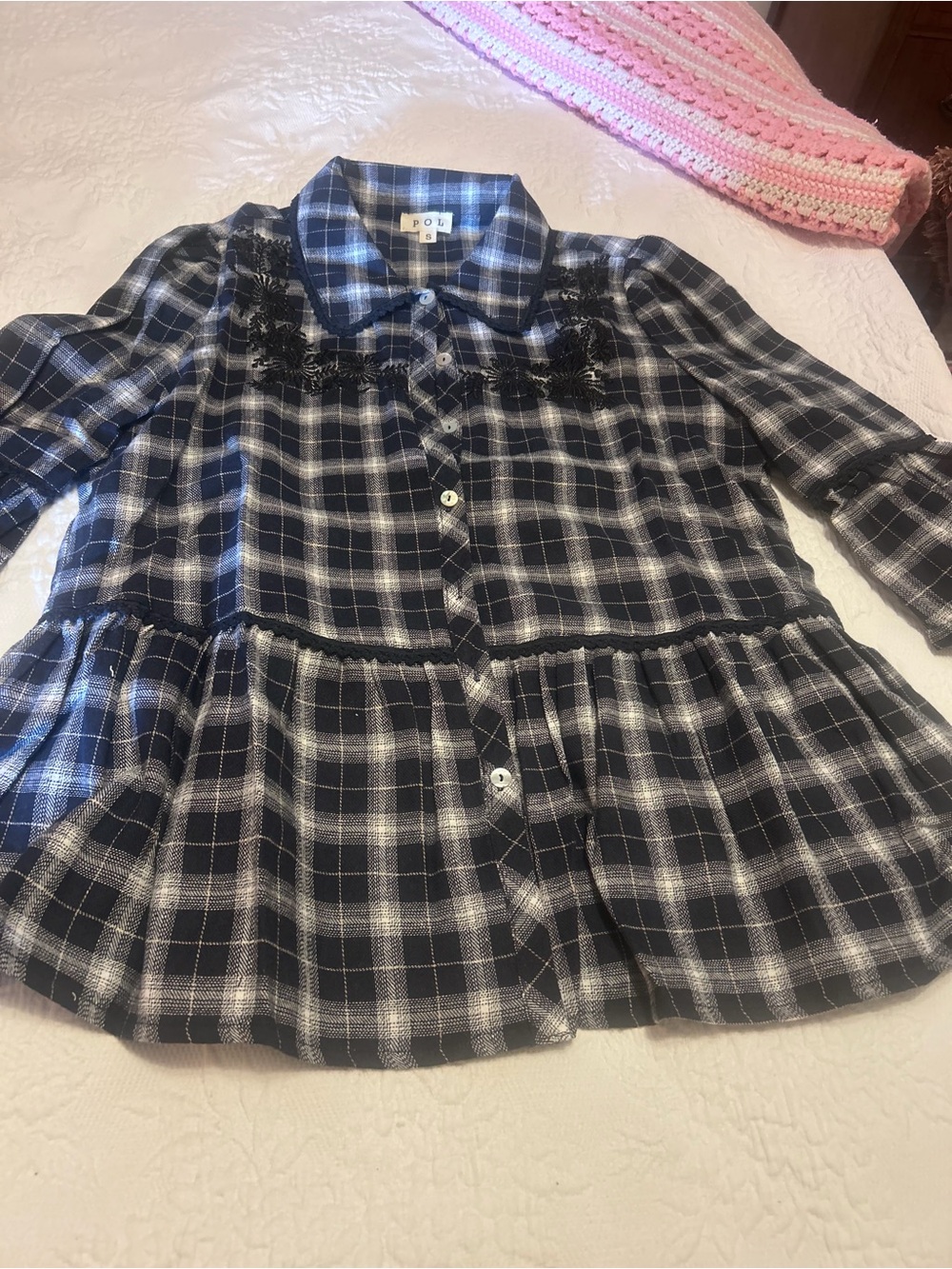 POL Navy Blue and White Plaid Button-Down Peplum Shirt